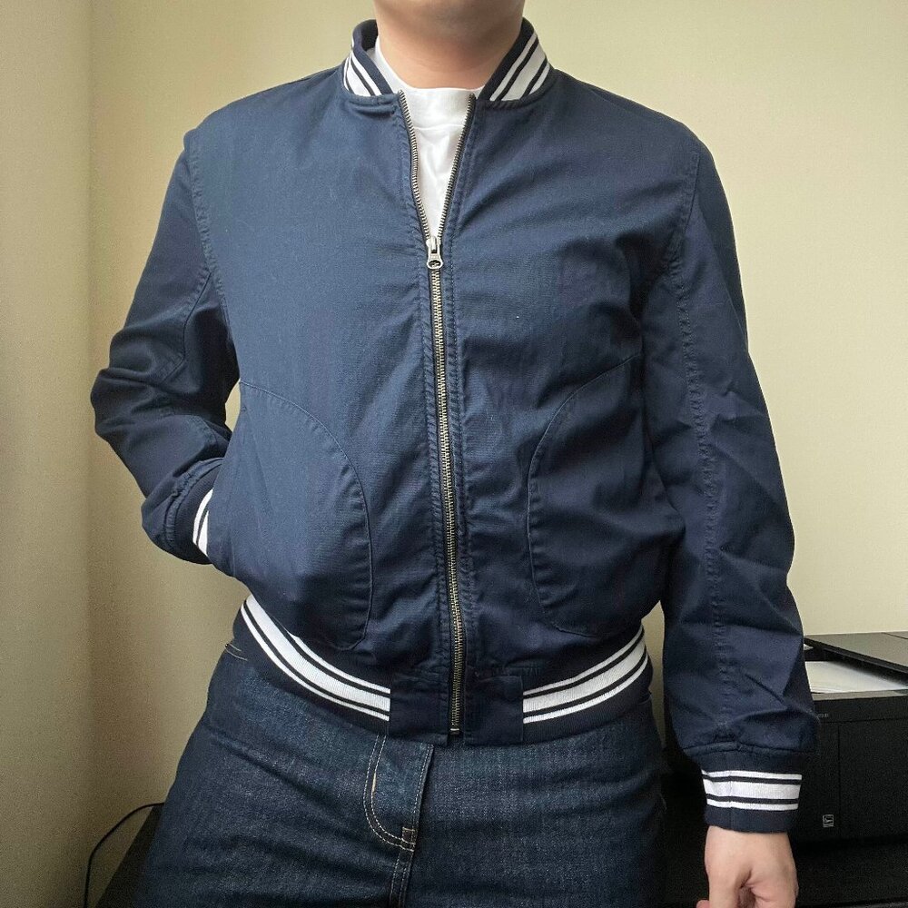 Vintage Navy J.Crew bomber jacket with white stripes